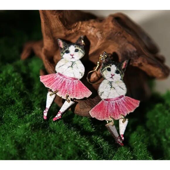 Little Ballet Cat in Tutu Wooden Hand Drawn Painted Earrings Kitschy NWT - Picture 4 of 6